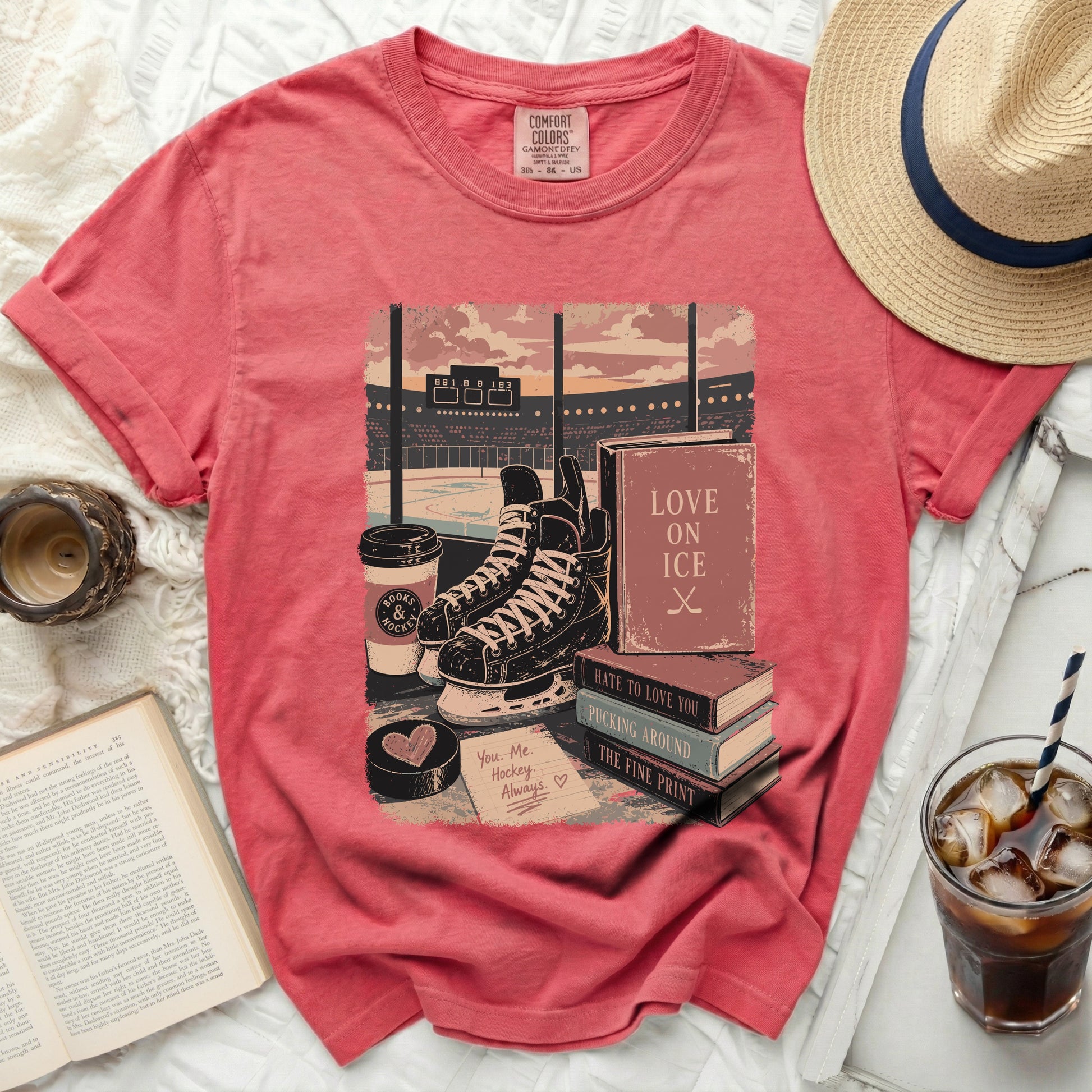 Red t-shirt with "Love on Ice" hockey and book graphic.