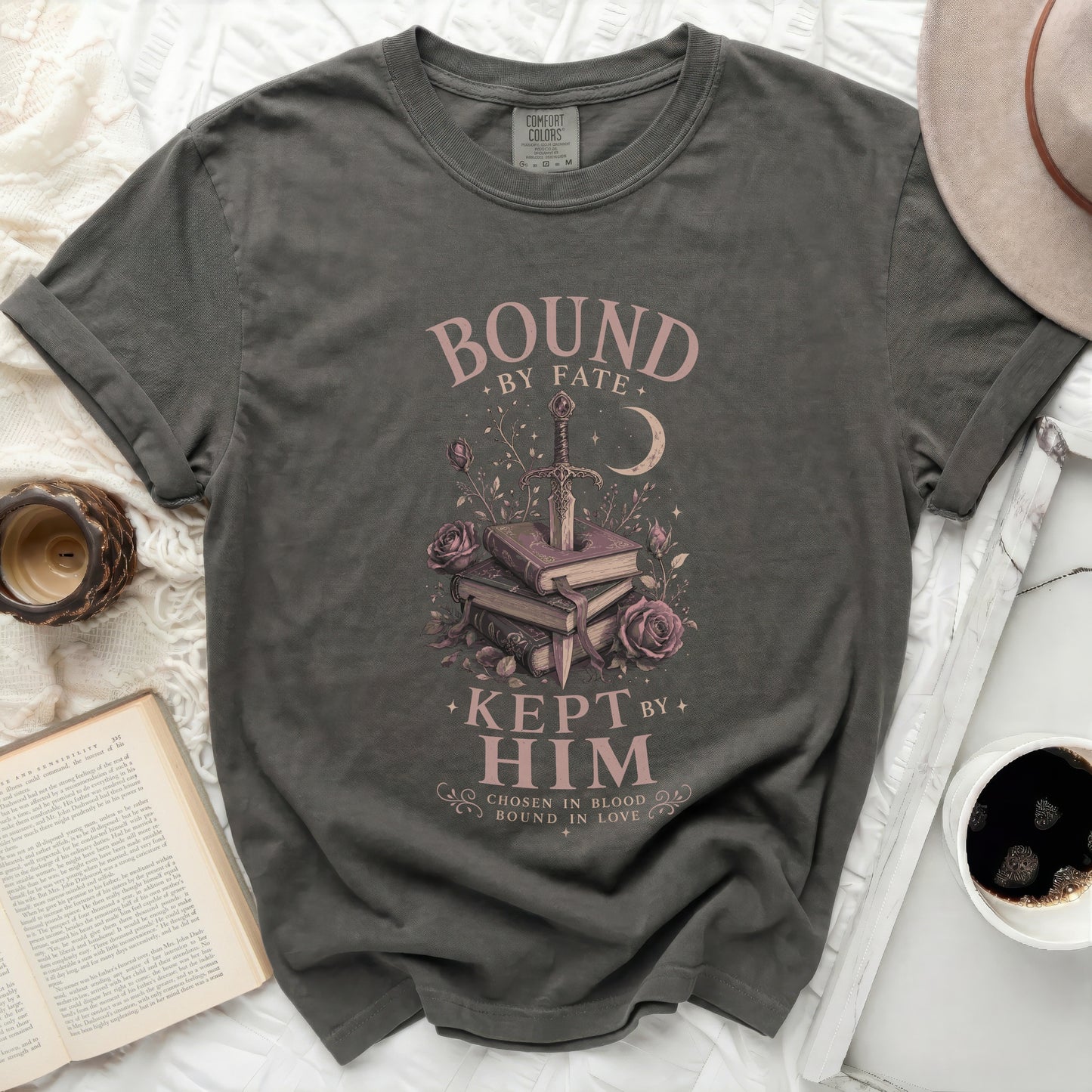 Gray t-shirt with "Bound by Fate Kept by Him" text and sword illustration.