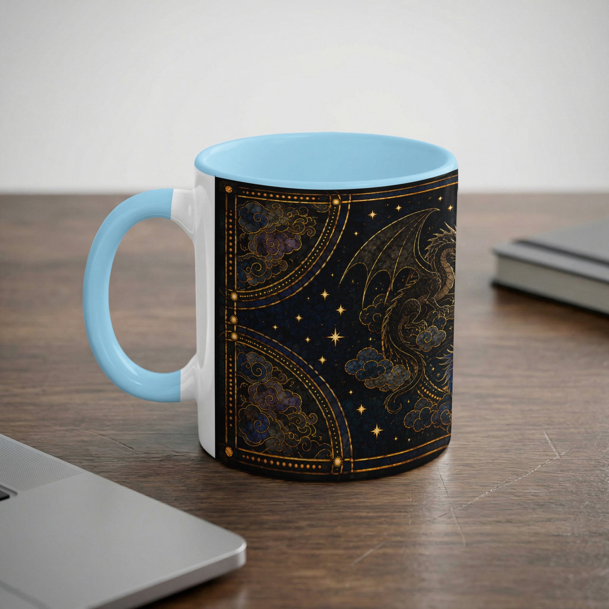 Mug with a dark blue celestial dragon and clouds design on white ceramic with light blue handle.