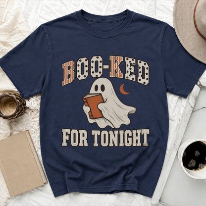 Navy t-shirt with ghost holding book and text "BOO-KED FOR TONIGHT".