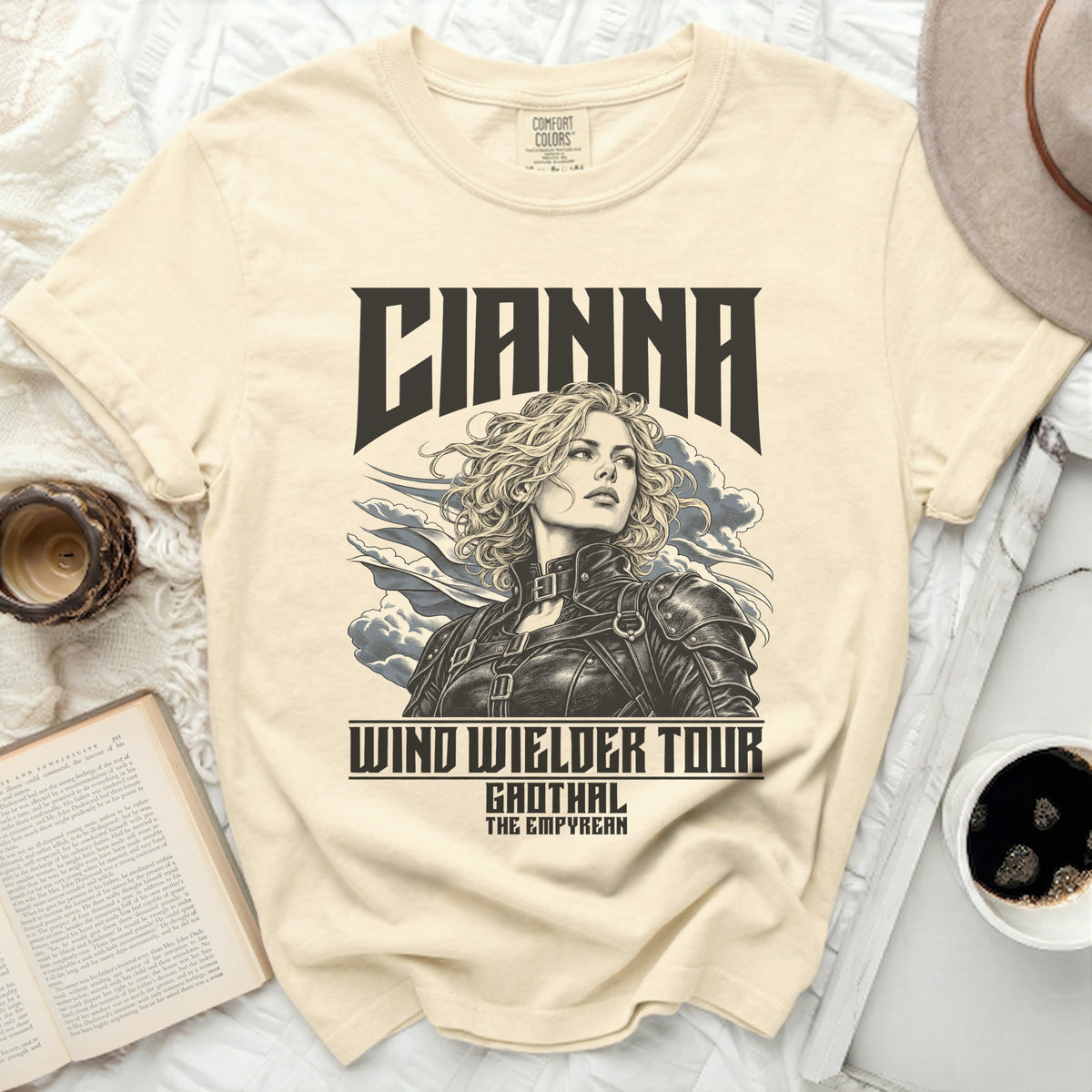 Cream t-shirt with "CIANNA WIND WIELDER TOUR GAOTHAL THE EMPYREAN" and a woman's portrait.