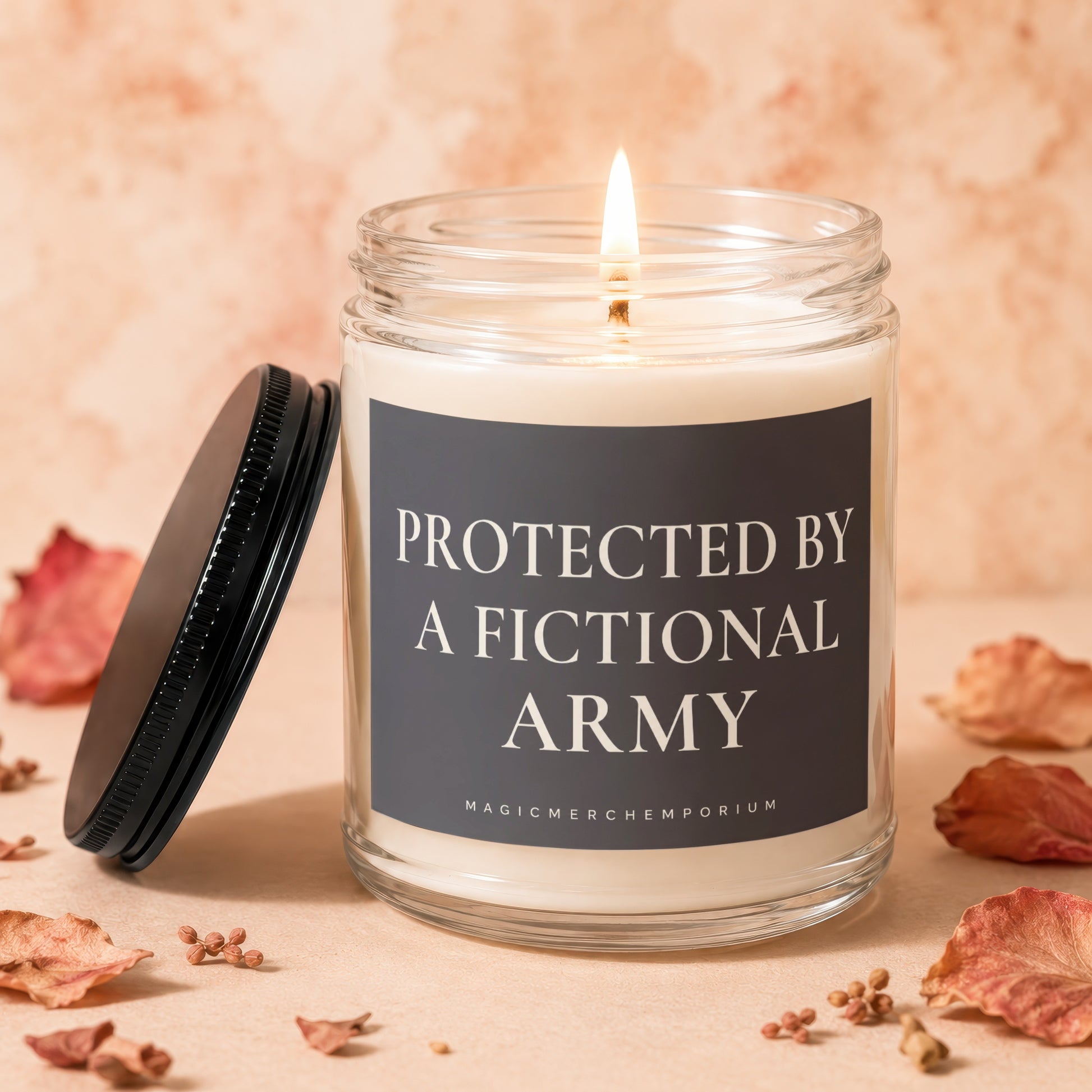 Lit candle in glass jar with label reading "Protected By A Fictional Army."