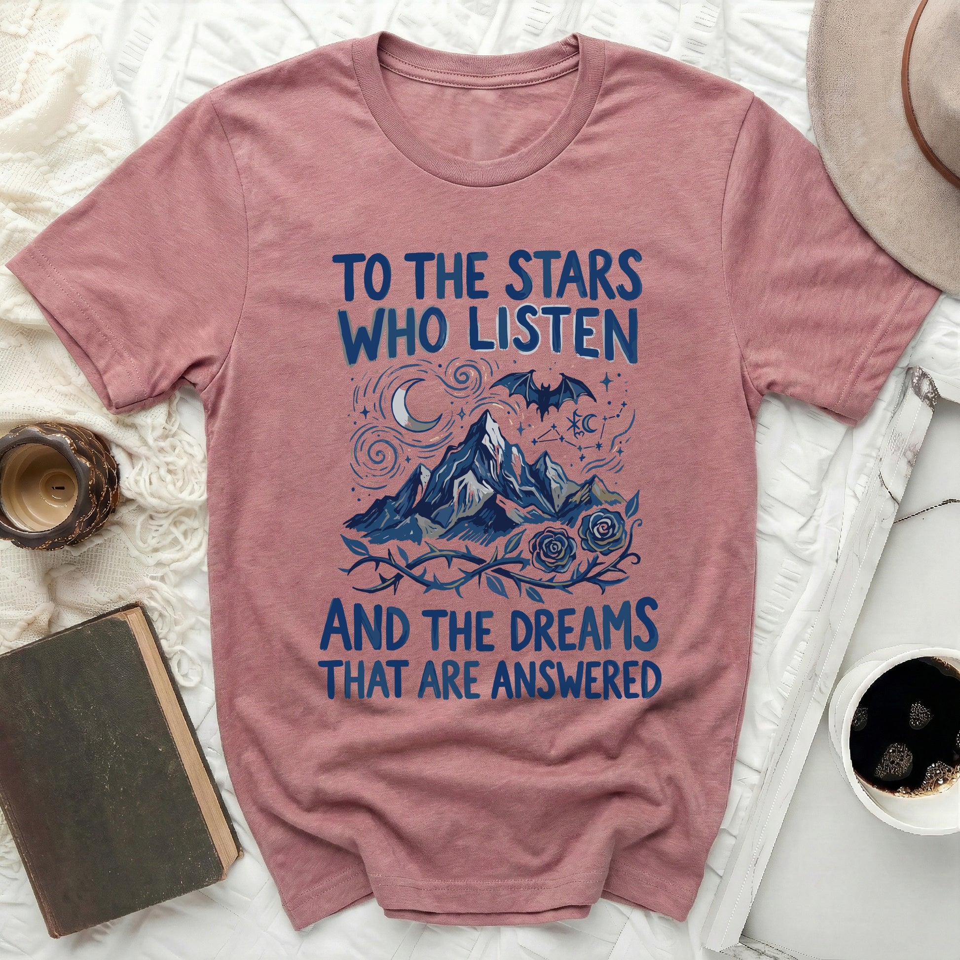 To The Stars Who Listen And The Dreams That Are Answered tee product type
Graphic Tee
Stars Who Listen
Dreams Answered
Mountain Graphic
Moon Bat Design
Rose Thorns Art
Constellation Print
Fantasy Shirt
Bookish Apparel
Magical Tee
Inspirational Quote
Celestial Shirt
Pink TShirt
Crewneck Style
Unique Design
Aesthetic Clothing
Literature Fan
Night Sky Motif
Woodland Fantasy
Gift For Her