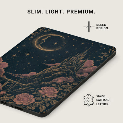 Case with moon, castle, roses, and stars pattern; vegan saffiano leather.