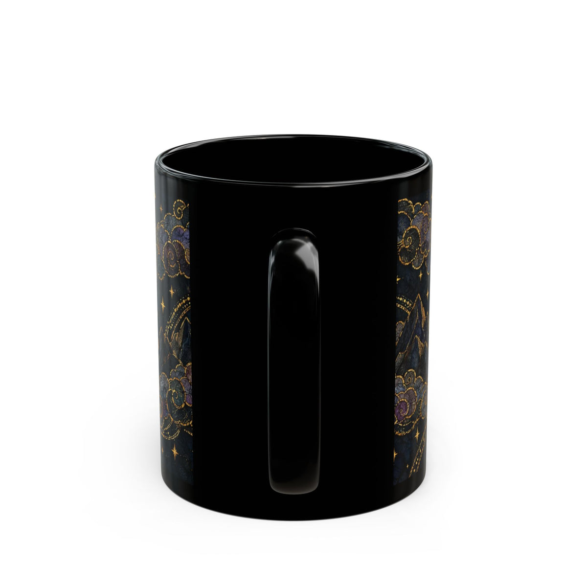 A black ceramic coffee mug featuring a celestial gold and purple star pattern on the sides.