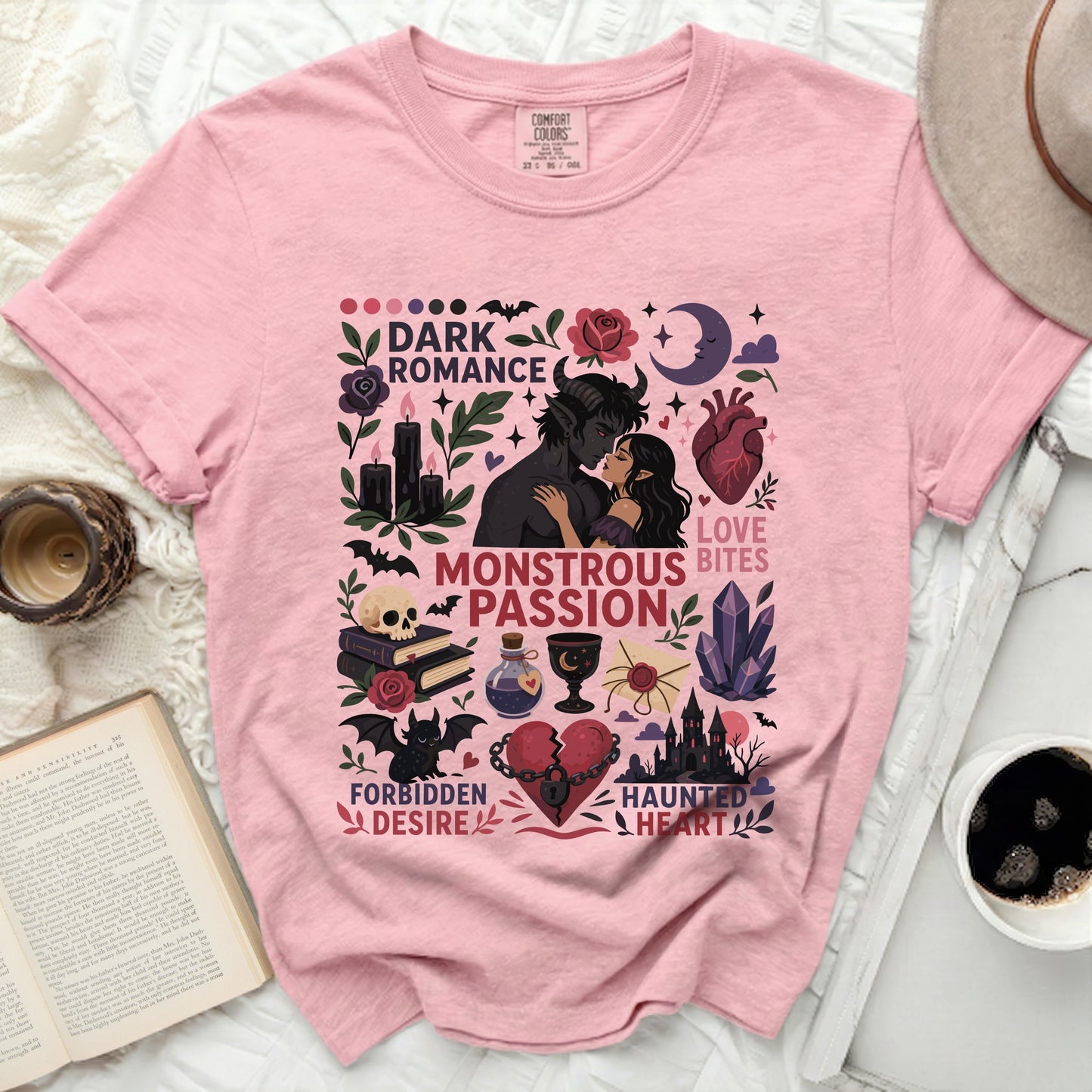 Pink t-shirt with dark romance occult graphic and text.