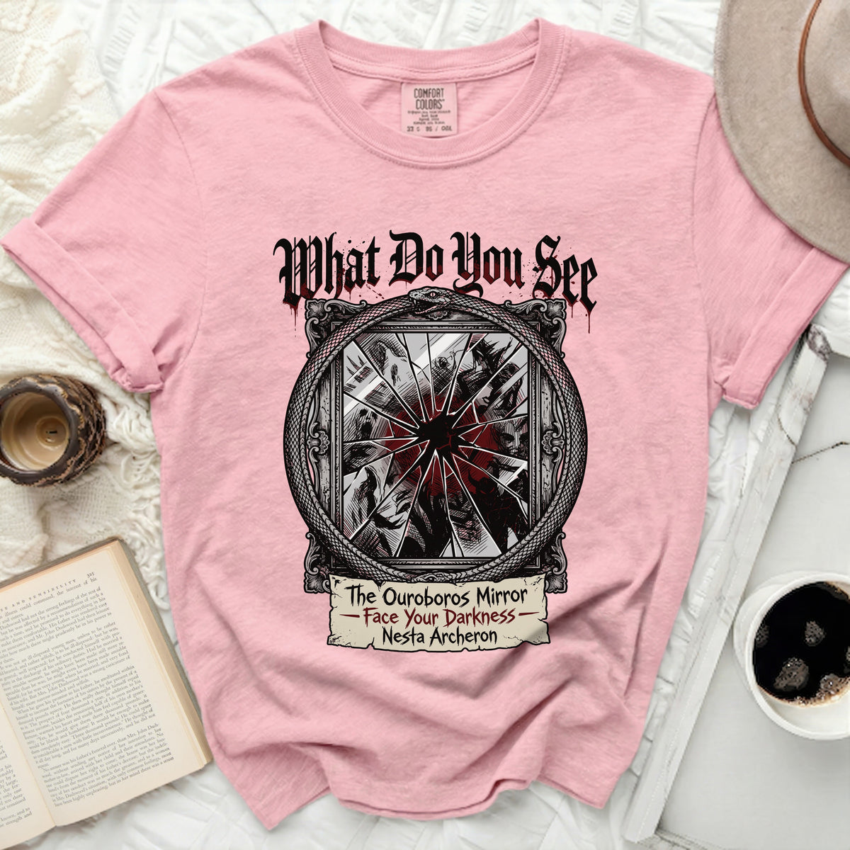 Pink t-shirt with "What Do You See" and Ouroboros Mirror design.