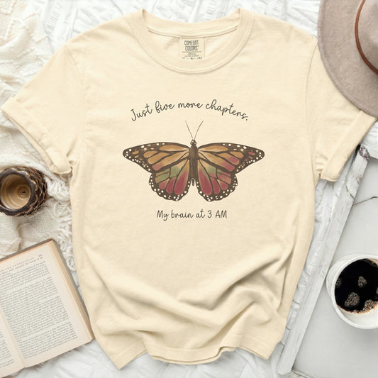 Cream Comfort Colors t-shirt with butterfly and text.
