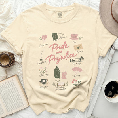 Cream t-shirt with "Pride and Prejudice" and Austen-themed illustrations.