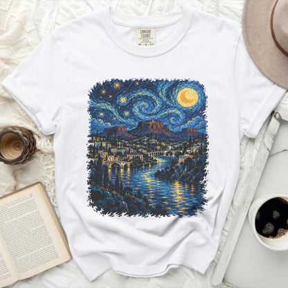 White t-shirt with a starry night landscape print and Comfort Colors tag.