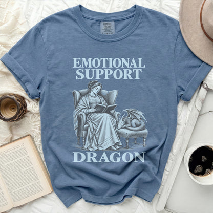 Blue t-shirt with "EMOTIONAL SUPPORT DRAGON" text and a vintage illustration.