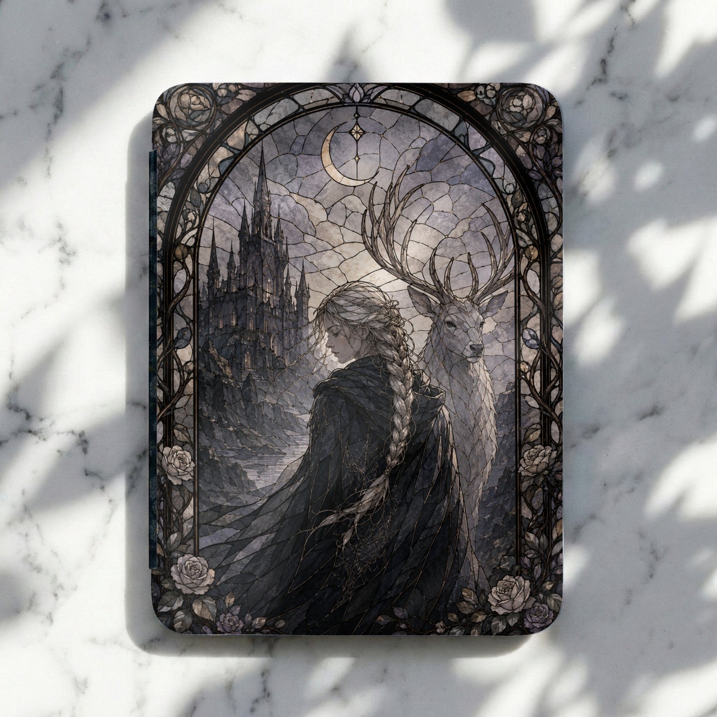 Stained glass art of woman and deer with castle and moon under arched frame.
