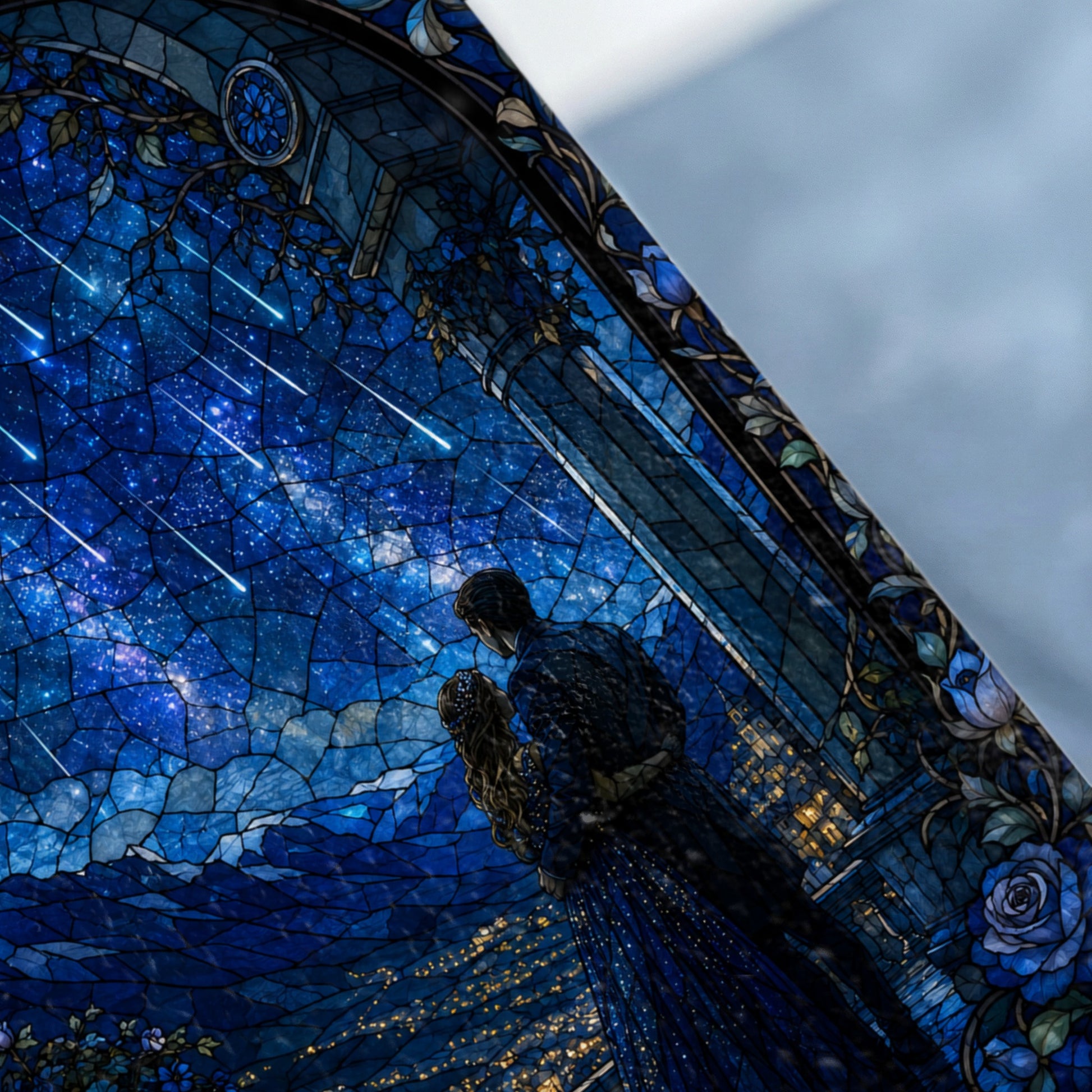 Couple embraces under a starry sky with shooting stars in stained glass design.