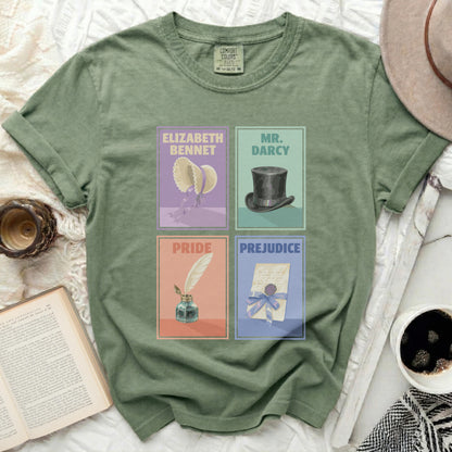 Green t-shirt with "Pride and Prejudice" graphic featuring Elizabeth Bennet, Mr. Darcy, Pride, and Prejudice panels.
