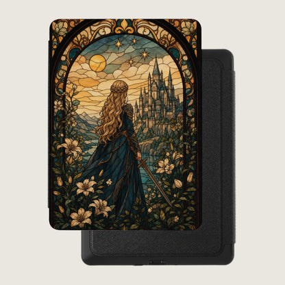 Stained glass design of a woman in a blue gown holding a sword before a castle.