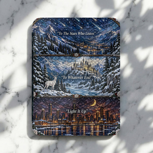 A Kindle case featuring three fantasy-style illustrations with the quotes To The Stars Who Listen, To Whatever End, and Light It Up.