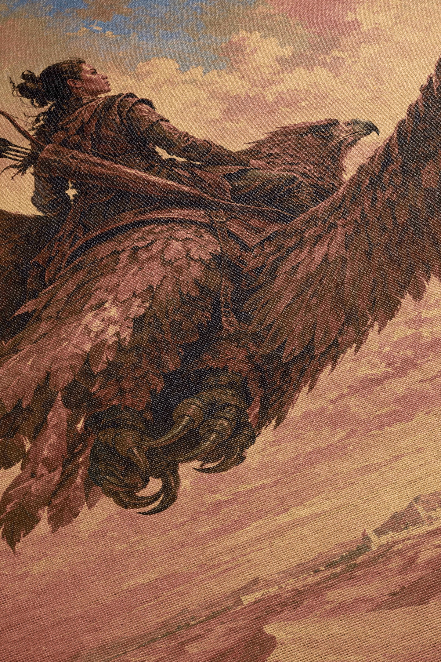 A woman is riding a large bird, possibly a dragon or eagle, through a cloudy sky.