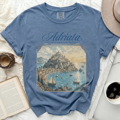 Blue t-shirt with "Adriata City of the Summer Court Prythian" and coastal city scene.