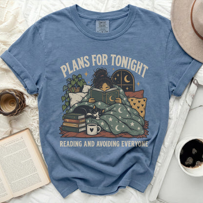 Blue shirt with "Plans for Tonight Reading and Avoiding Everyone" graphic.