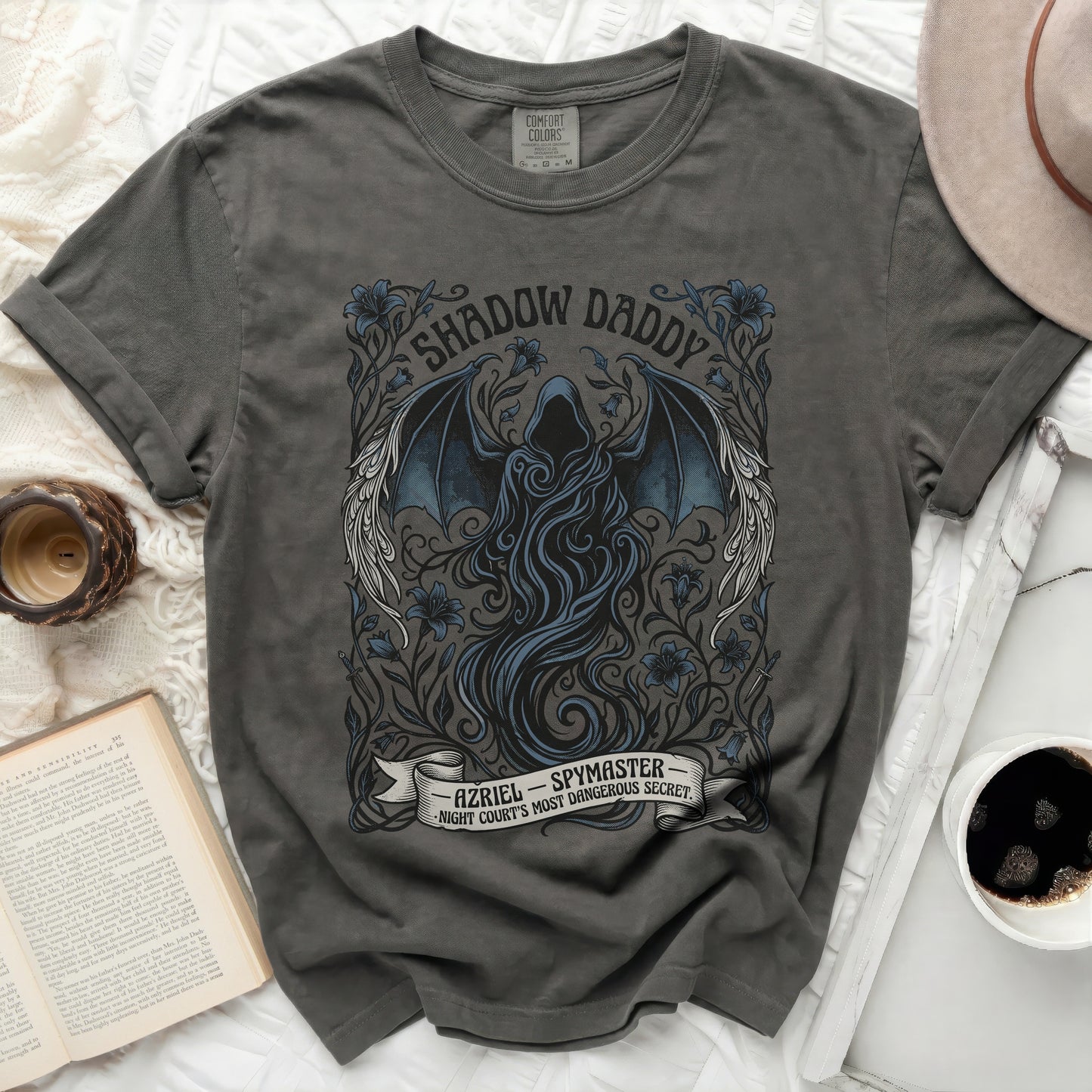Dark grey t-shirt with "Shadow Daddy Azriel - Spymaster" text design.