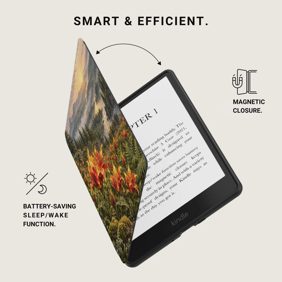 Kindle e-reader with a nature-themed case and text about battery-saving and magnetic closure.