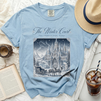 Light blue t-shirt with "The Winter Court" and a winter castle illustration.
