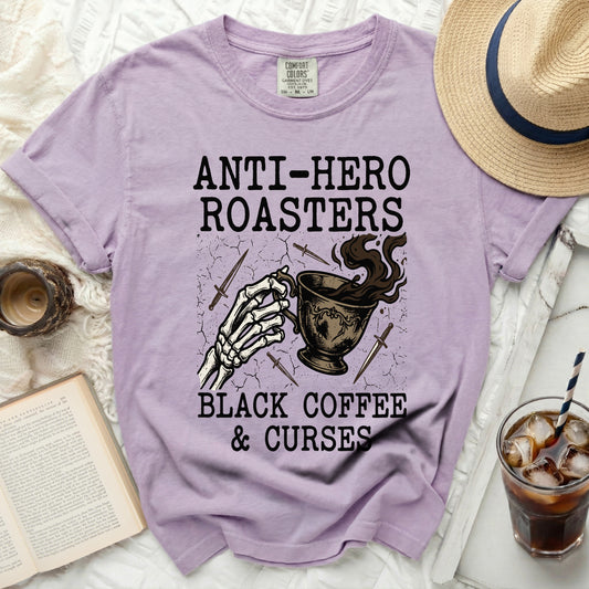 Purple t-shirt with "Anti-Hero Roasters Black Coffee & Curses" graphic.