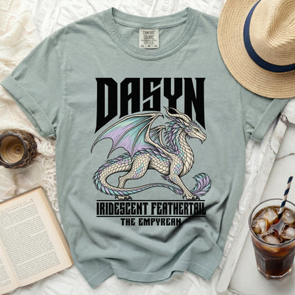Pale green t-shirt with "DASYN IRIDESCENT FEATHERTAIL THE EMPYREAN" and dragon graphic.