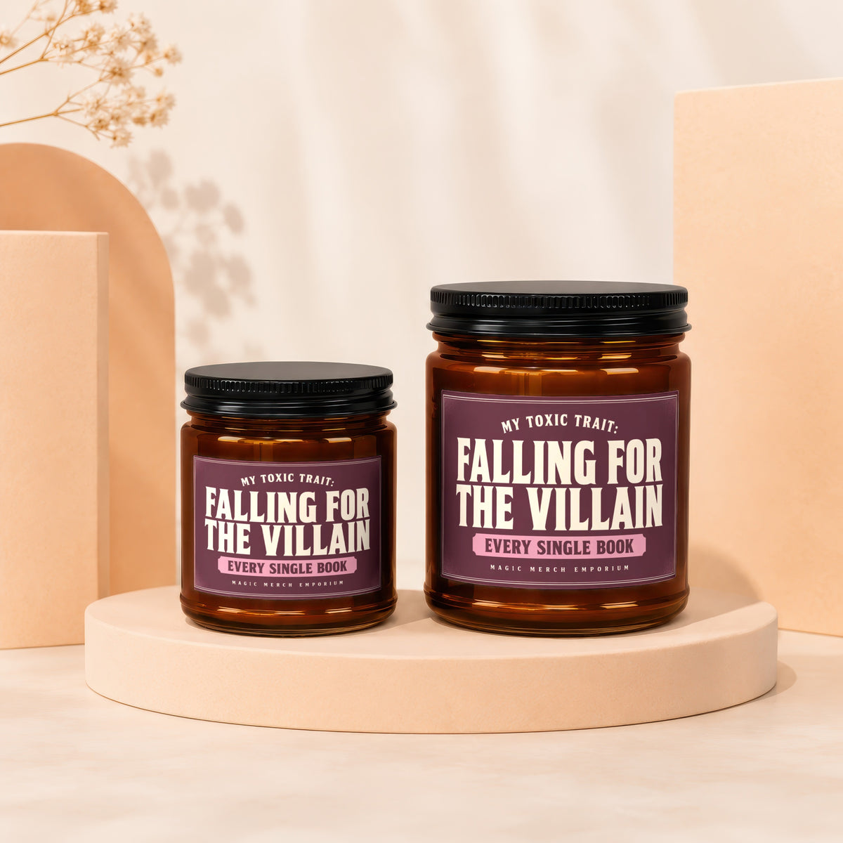 Two amber jars with black lids, labels read "Falling for the Villain".