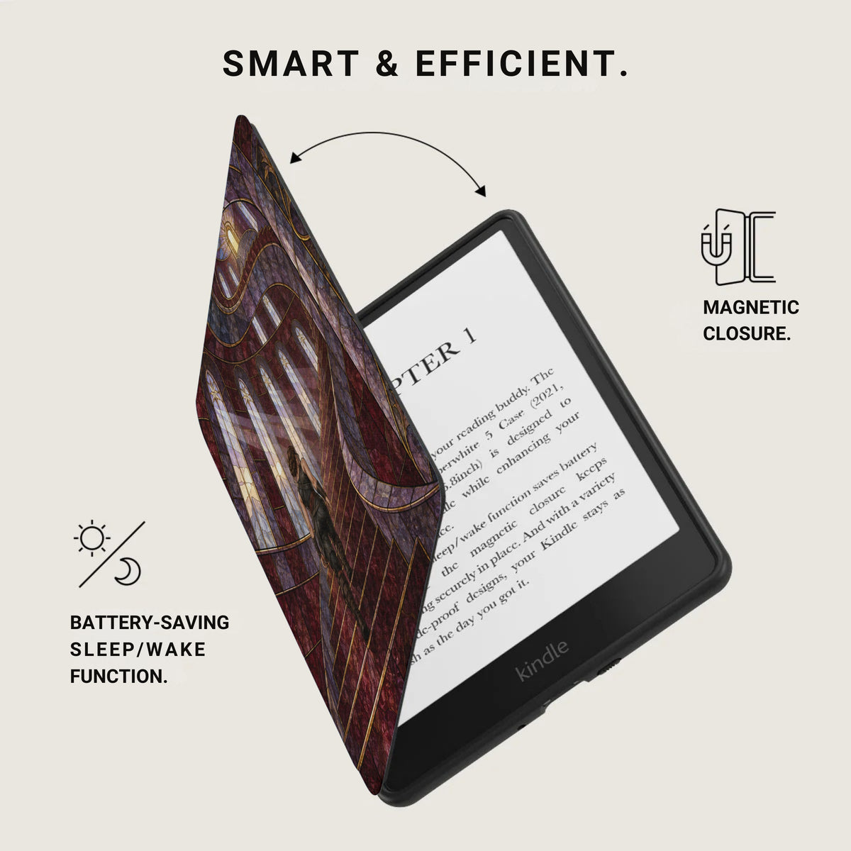 Kindle e-reader with decorative cover, magnetic closure, and battery-saving sleep/wake function.