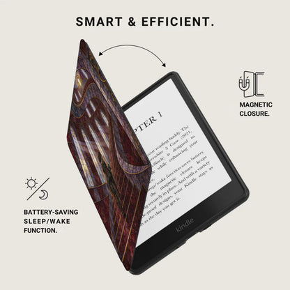 Kindle e-reader with decorative cover, magnetic closure, and battery-saving sleep/wake function.