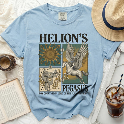 Light blue t-shirt with "Helion's Pegasus" graphic and sun, saddle, and winged horse imagery.