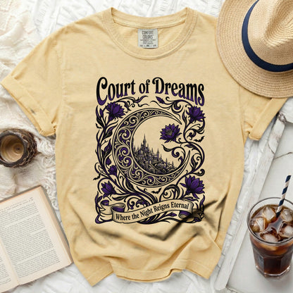 Light yellow t-shirt with "Court of Dreams" and a castle behind a crescent moon.