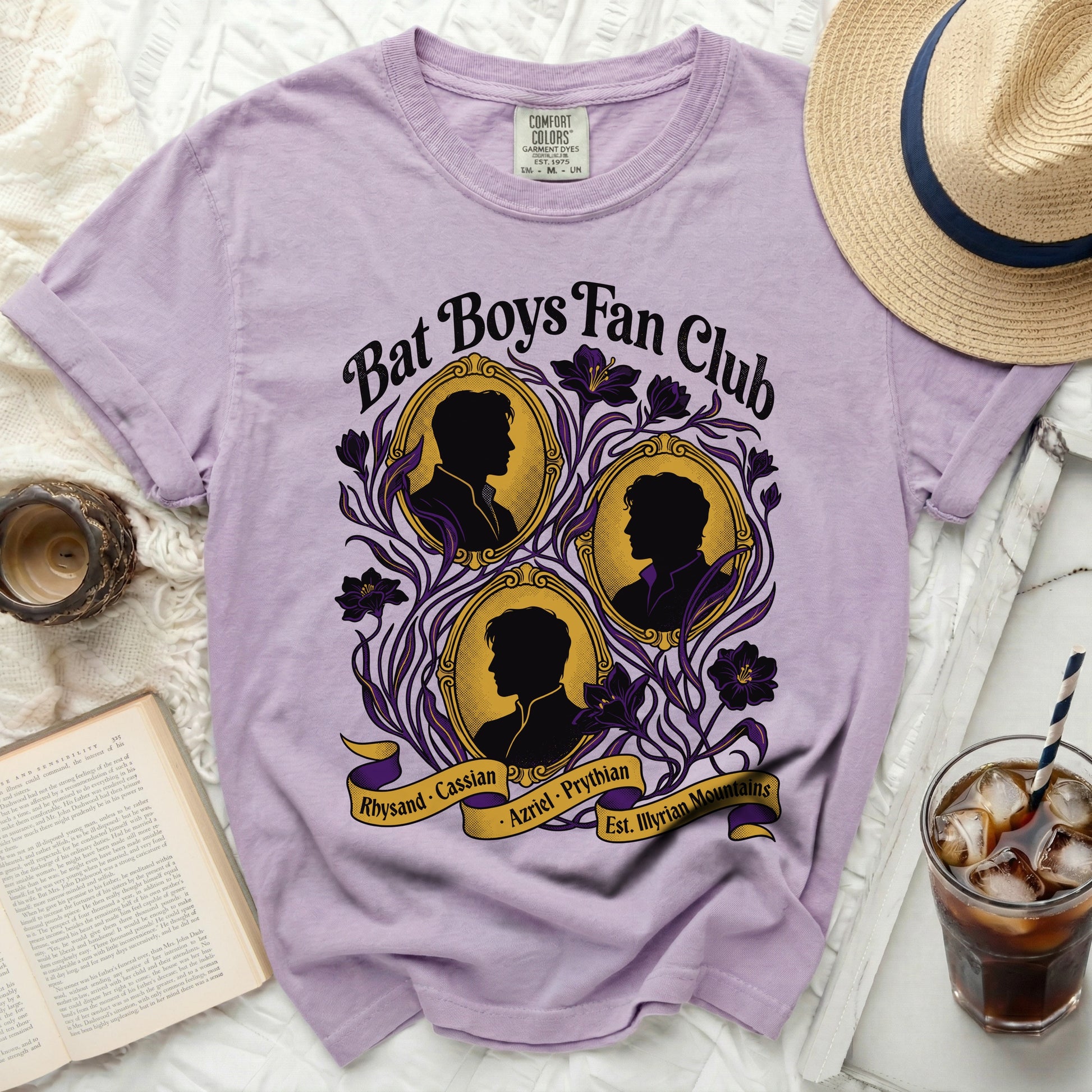 Bat Boys Fan Club t-shirt with silhouettes of Rhysand, Cassian, and Azriel.