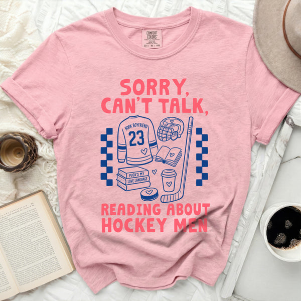 Can't Talk, Reading Hockey Men Tee in Blossom