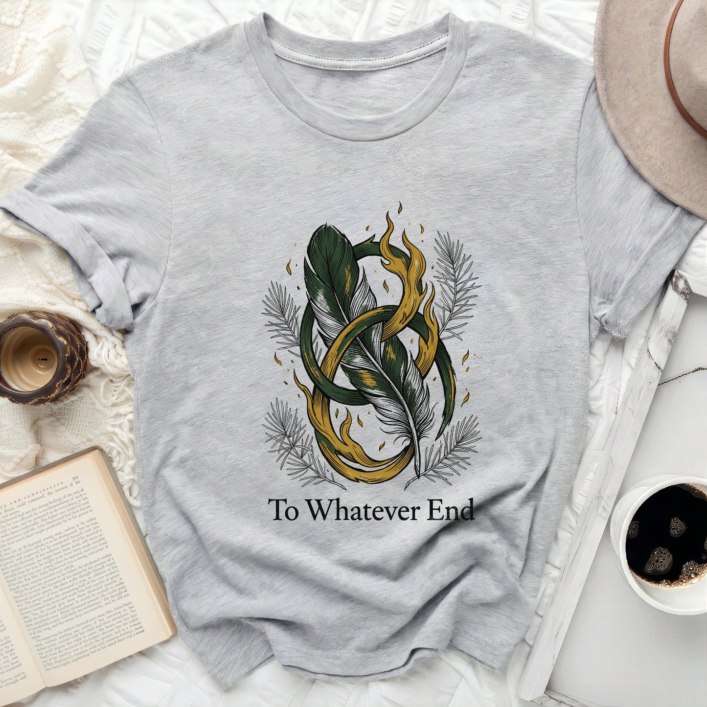 Grey t-shirt with feather and flame design, "To Whatever End" text.