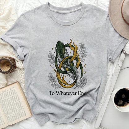 Grey t-shirt with feather and flame design, "To Whatever End" text.
