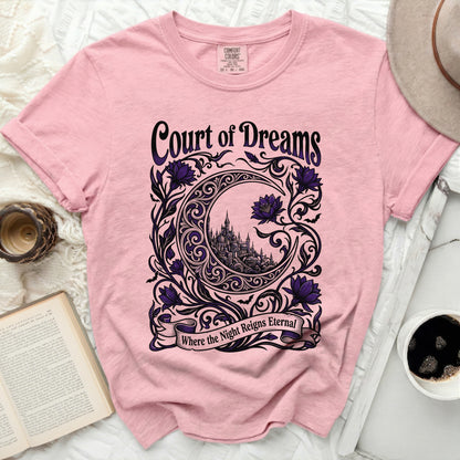 Pink t-shirt with "Court of Dreams" and "Where the Night Reigns Eternal" text.