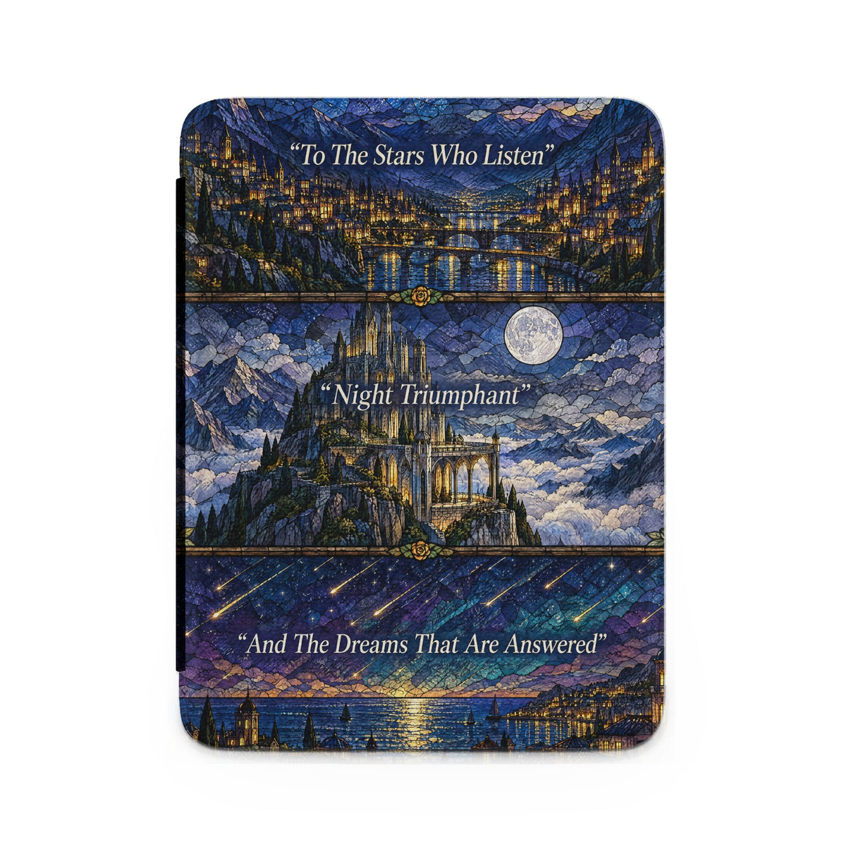 A Kindle case features three stained-glass style panels with fantasy landscapes and quote text.