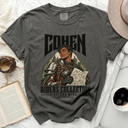 Grey t-shirt featuring "COHEN RIDERS COLLECTION SECOND WING THE EMPYREAN" graphic.