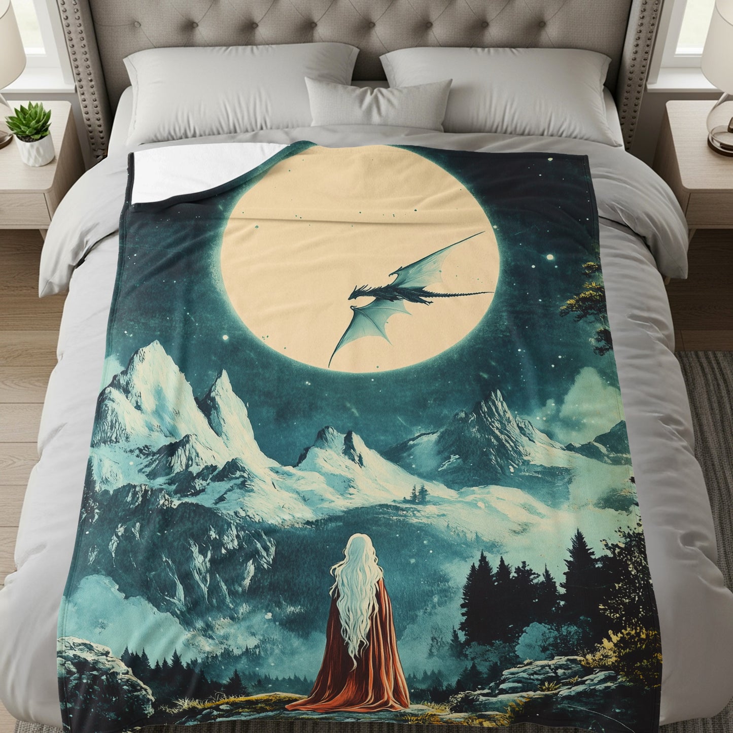 Enchanting Fantasy Dragon and Moon Blanket Design