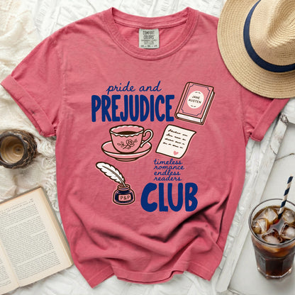 Pride and Prejudice Club graphic tee with literary icons.