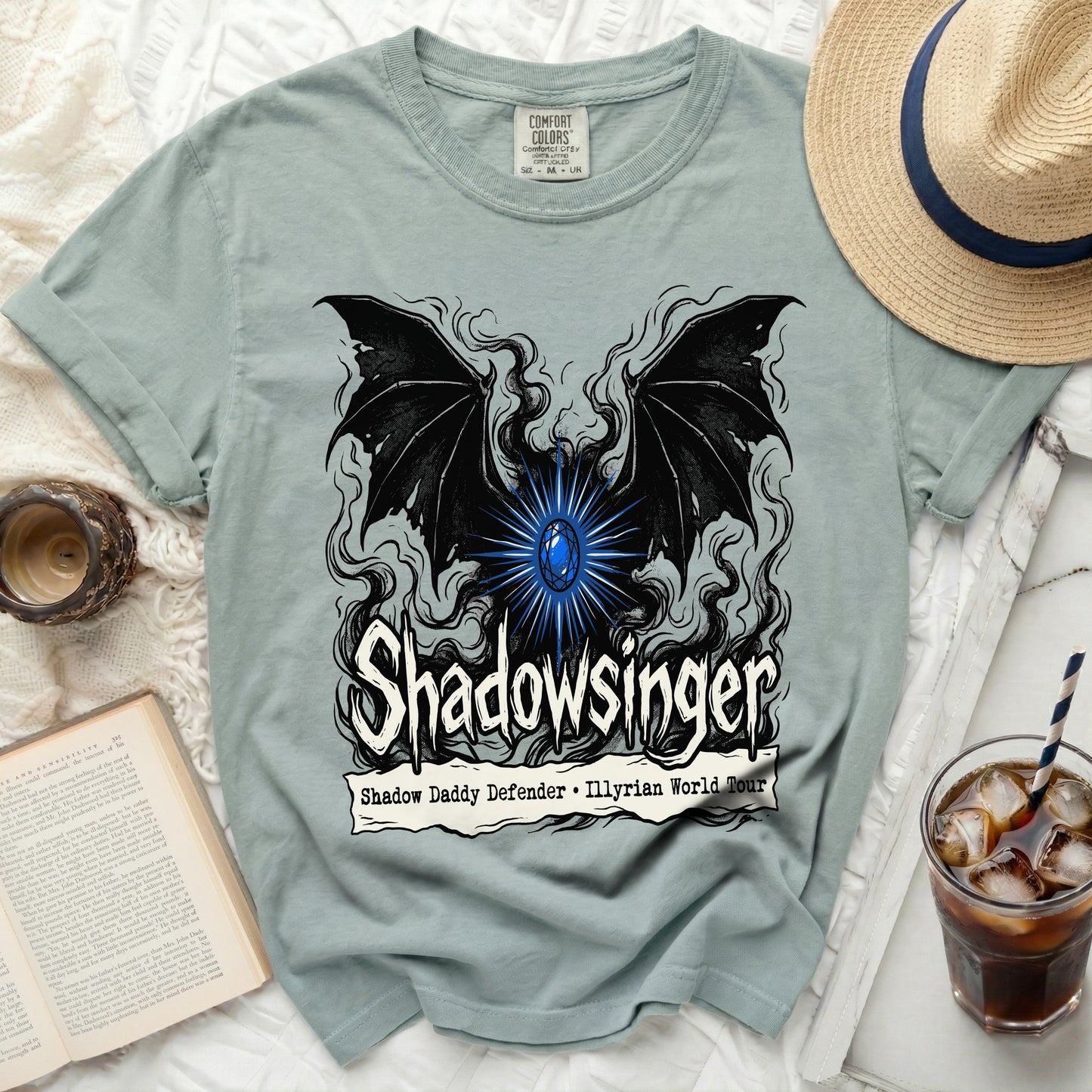 Shadowsinger t-shirt with dragon wings and blue gem, text Shadow Daddy Defender.
