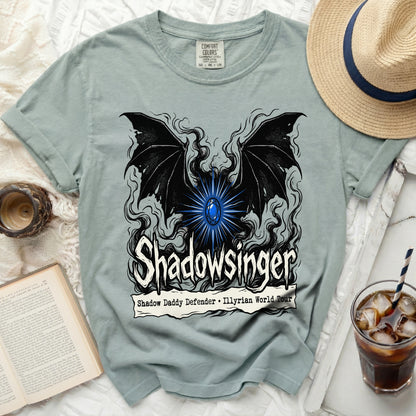 Shadowsinger t-shirt with dragon wings and blue gem, text Shadow Daddy Defender.