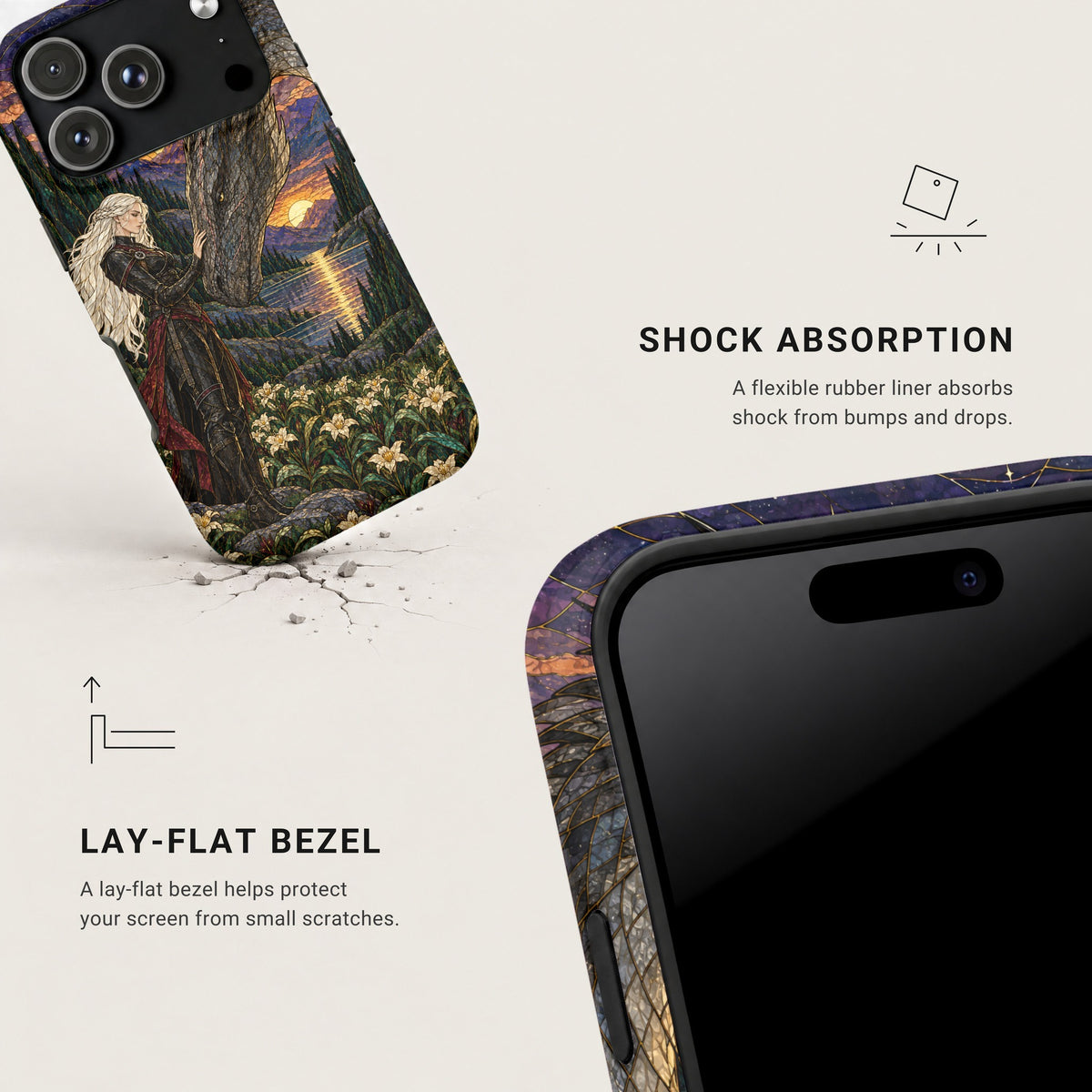 A fantasy phone case featuring a woman and dragon design with shock absorption and lay-flat bezel features.