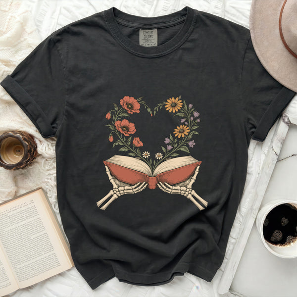 Floral Book Skeleton Tee in Black