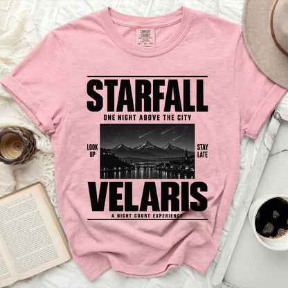 Pink t-shirt with Starfall Velaris graphic and starry city illustration.