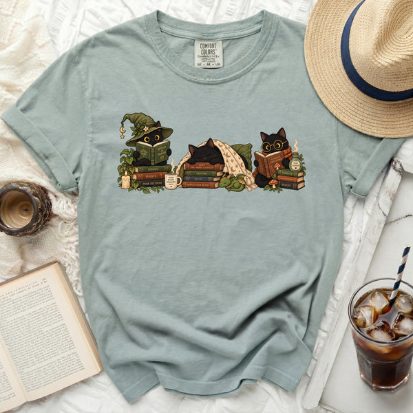 Cozy Bookish Cats Tee in Bay