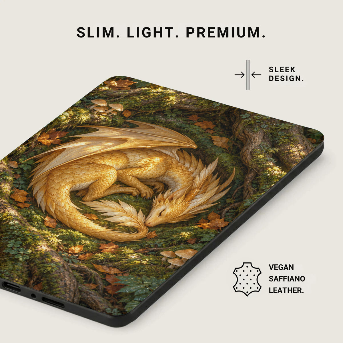 A golden dragon sleeps amongst moss and mushrooms on a case.