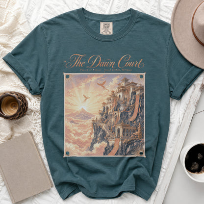 Teal t-shirt with "The Dawn Court Palace of Thesan Solar Courts, Prythian" graphic.